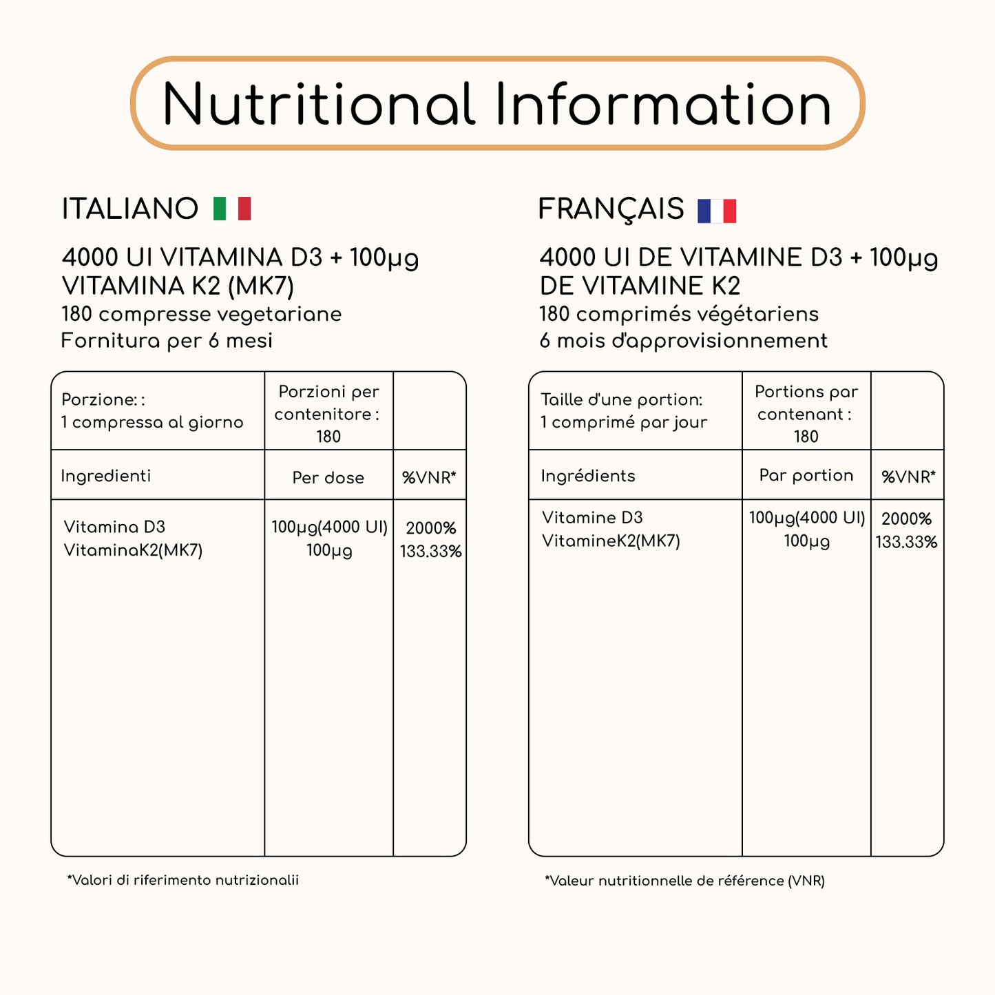 Vitamina D3 con vitamina K2 MK7 180 compresse