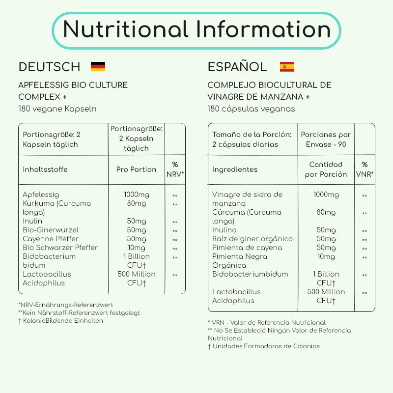 apple cider vinegar capsules nutritional information table