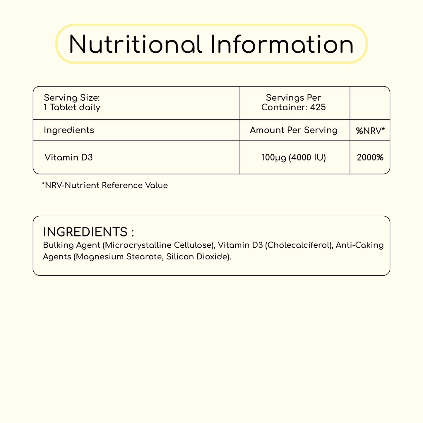 Vitamin D3 4000 IU 425 Vegeterian Tablets