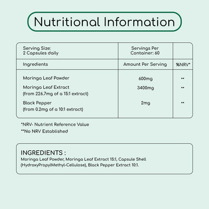 Cápsulas de moringa orgánica de 2000 mg (120 cápsulas) 