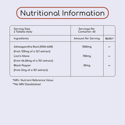 KSM-66 Ashwagandha & Lion's Mane Mushroom Tablets 2200mg