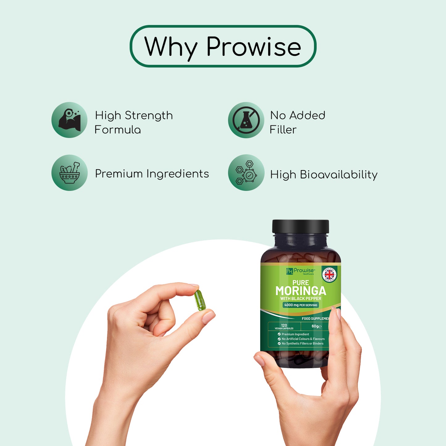 Cápsulas de moringa orgánica de 2000 mg (120 cápsulas) 