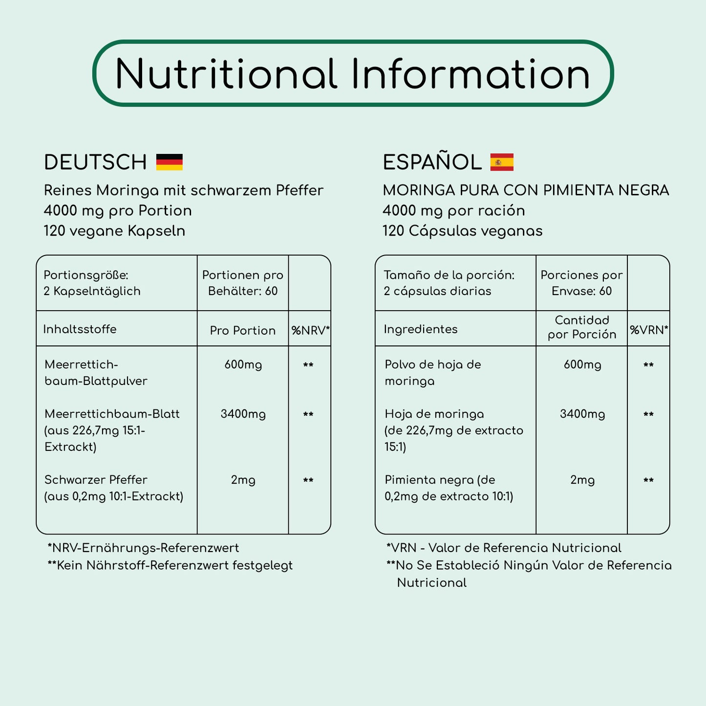 Cápsulas de moringa orgánica de 2000 mg (120 cápsulas) 