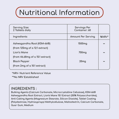 KSM-66 Ashwagandha & Lion's Mane Mushroom Tablets 2200mg